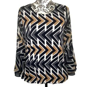Alfani White,Grey,Navy & Tan Arrow Pattern Blouse